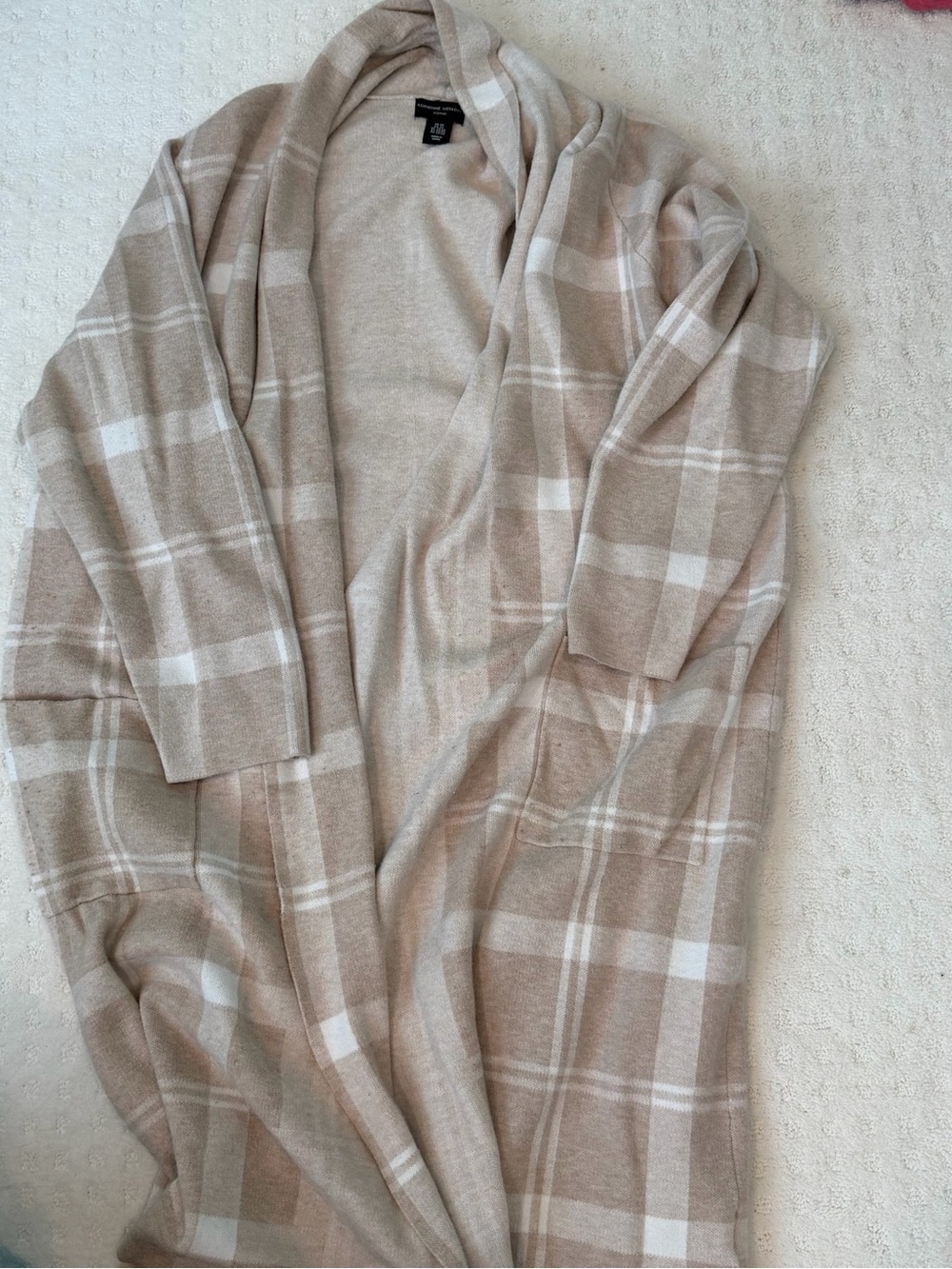 Adrienne Vittadini Beige and White Plaid Open-Front Knit sweater